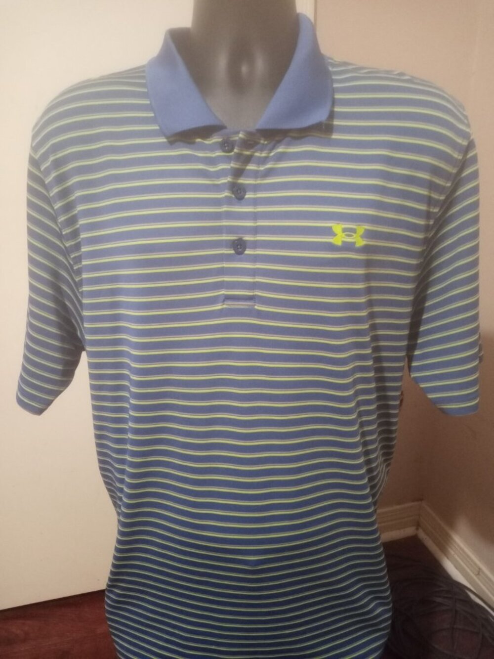 Under Armour Heat Gear Mens XL Loose Blue/Green Striped Polo Shirt
